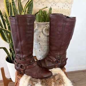 Gianni Bini Brown leather knee high riding boots with buckle harness detail 7.5